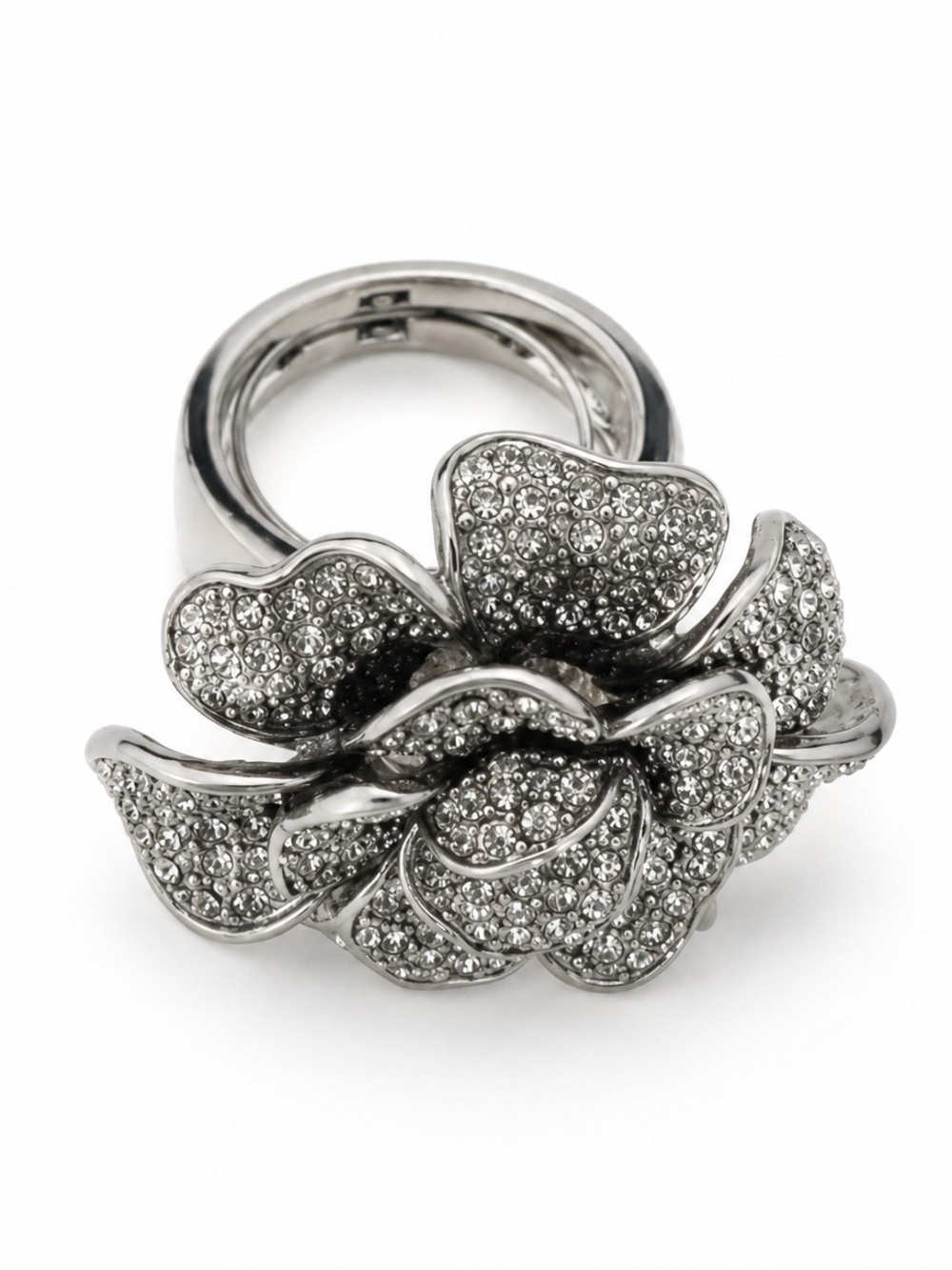 Pave Crystal Floral Cocktail Ring - Silver
